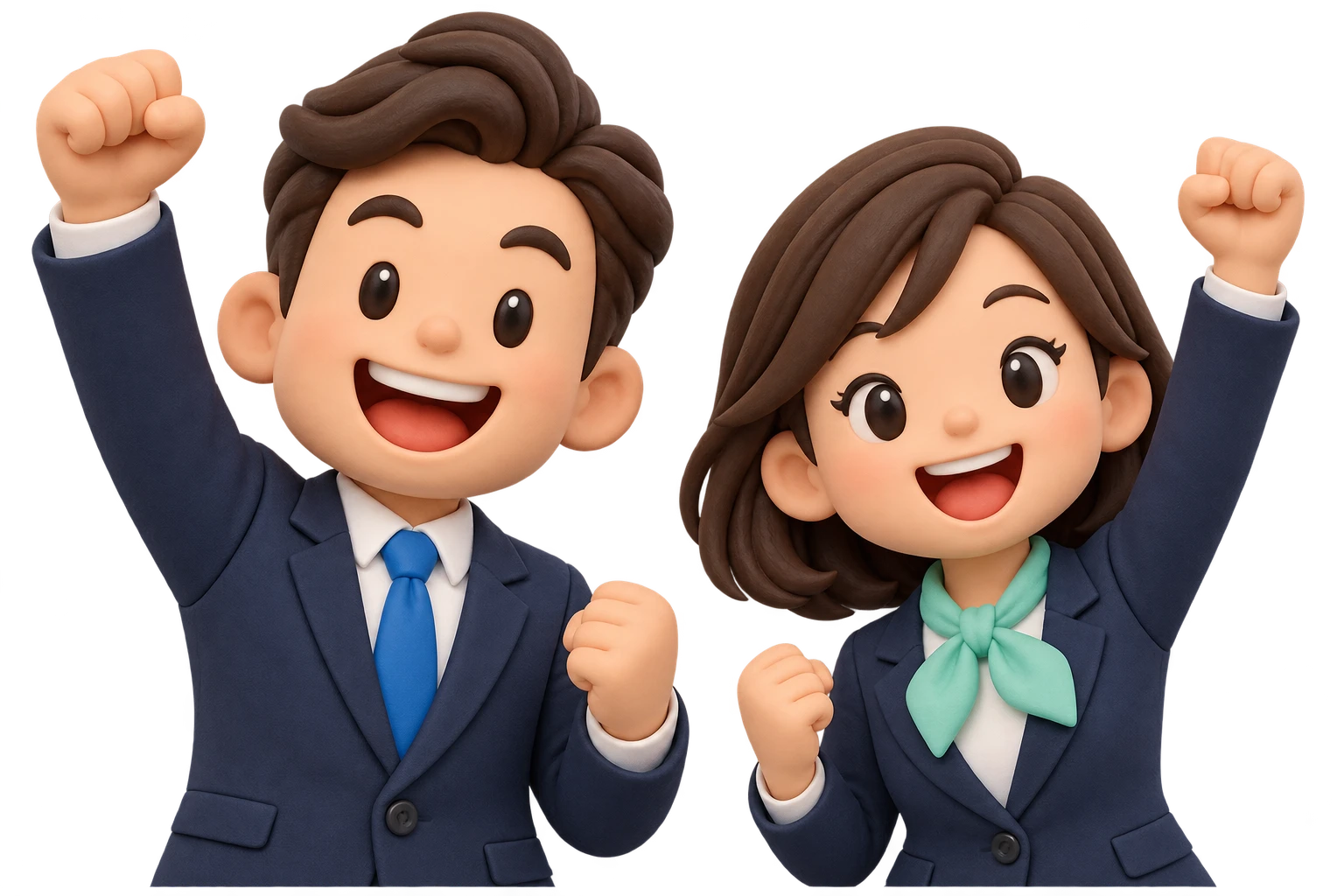 右手を突き上げる男性と左手を突き上げる女性の元気なイラスト